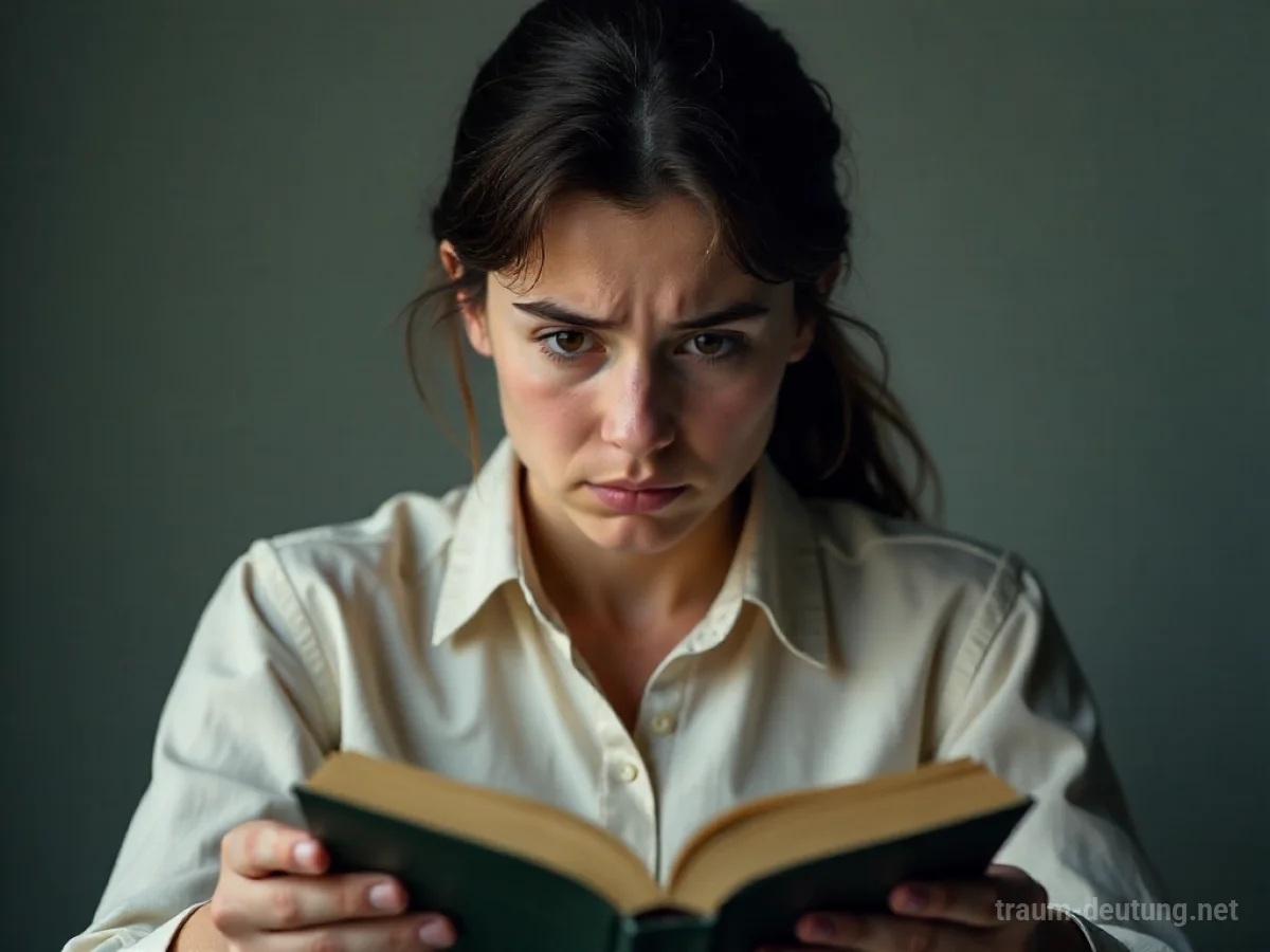 Person blickt verwirrt auf ein Buch mit unleserlichen Buchstaben.