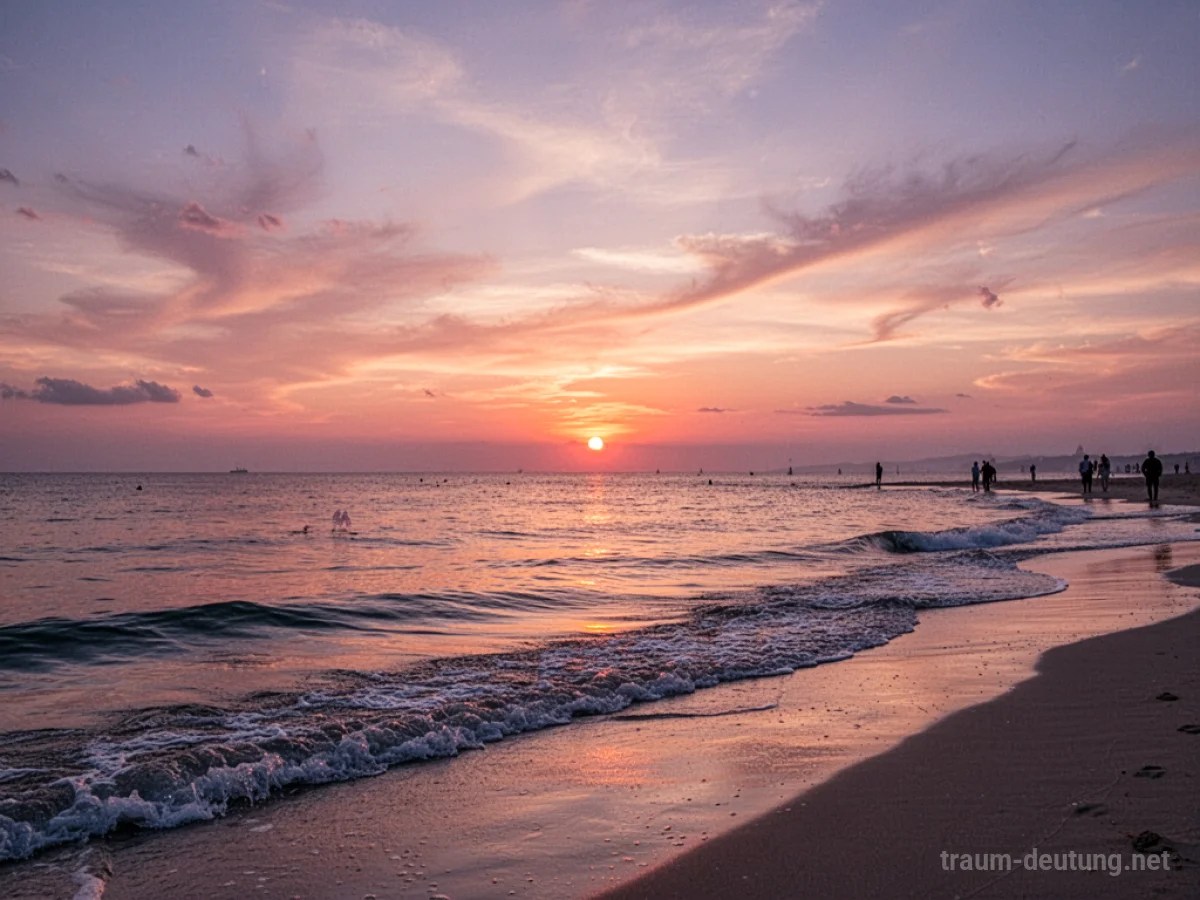 Abendrot über ruhigem Meer am Strand