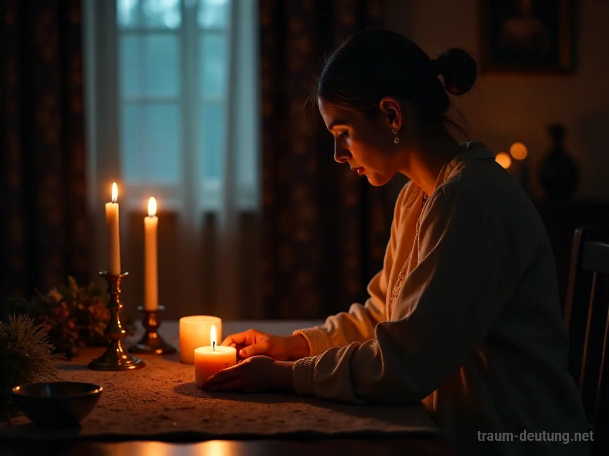 Eine Person bei einem stillen abendlichen Ritual in einem sanft beleuchteten Raum.