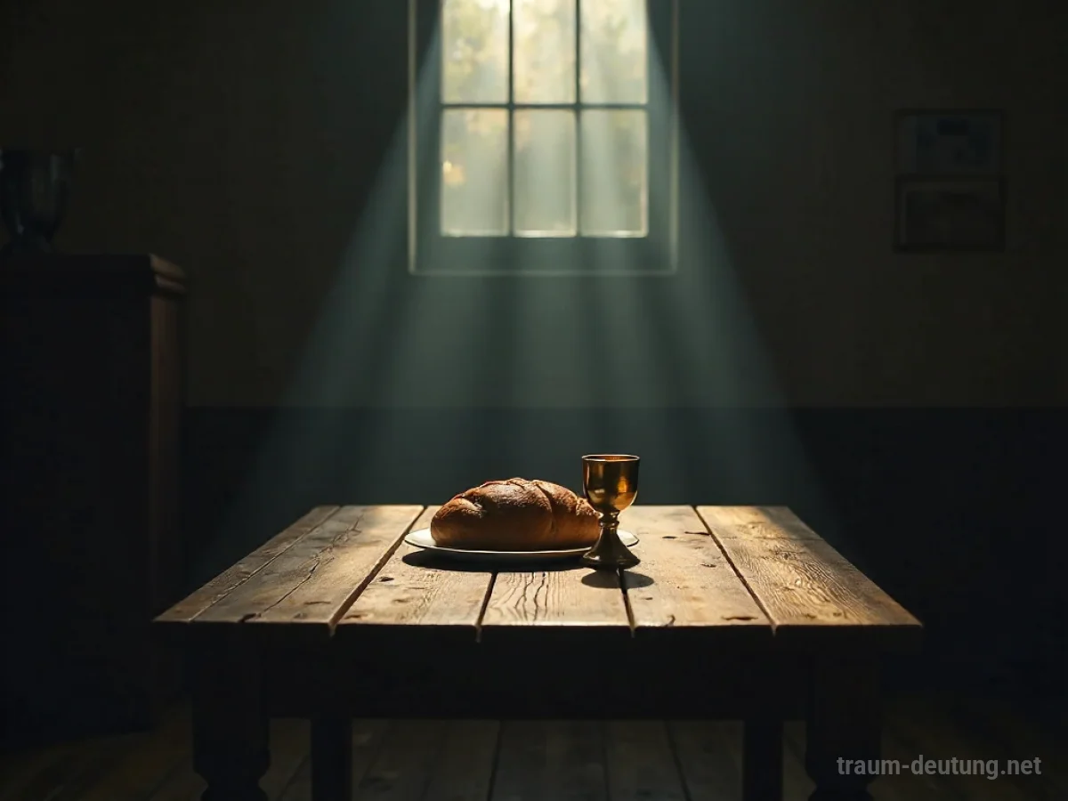 Ein gedeckter Tisch mit Brot und Kelch für das Abendmahl im Traum