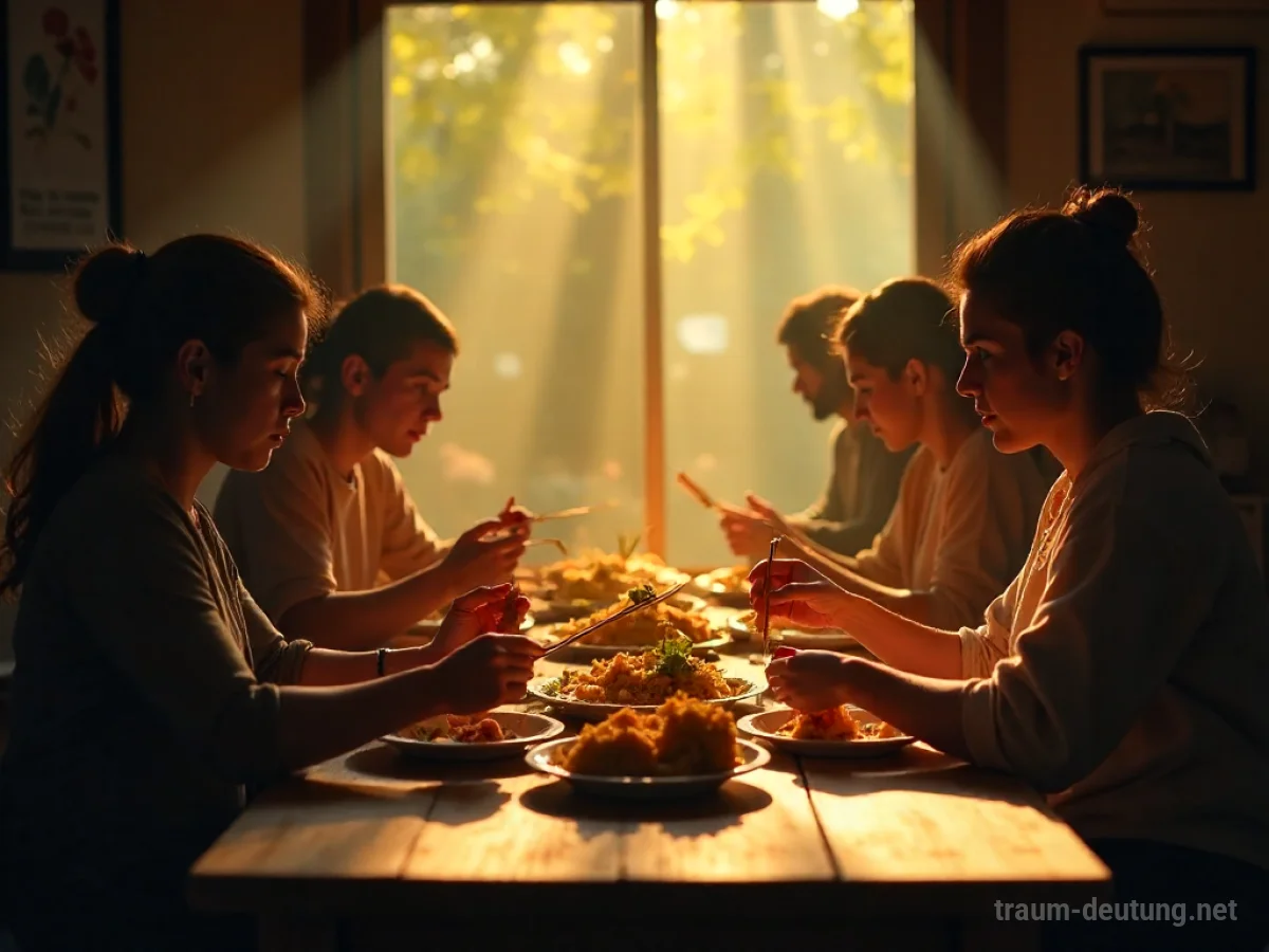 Menschen teilen gemeinsam eine Mahlzeit an einem Tisch im warmen Licht