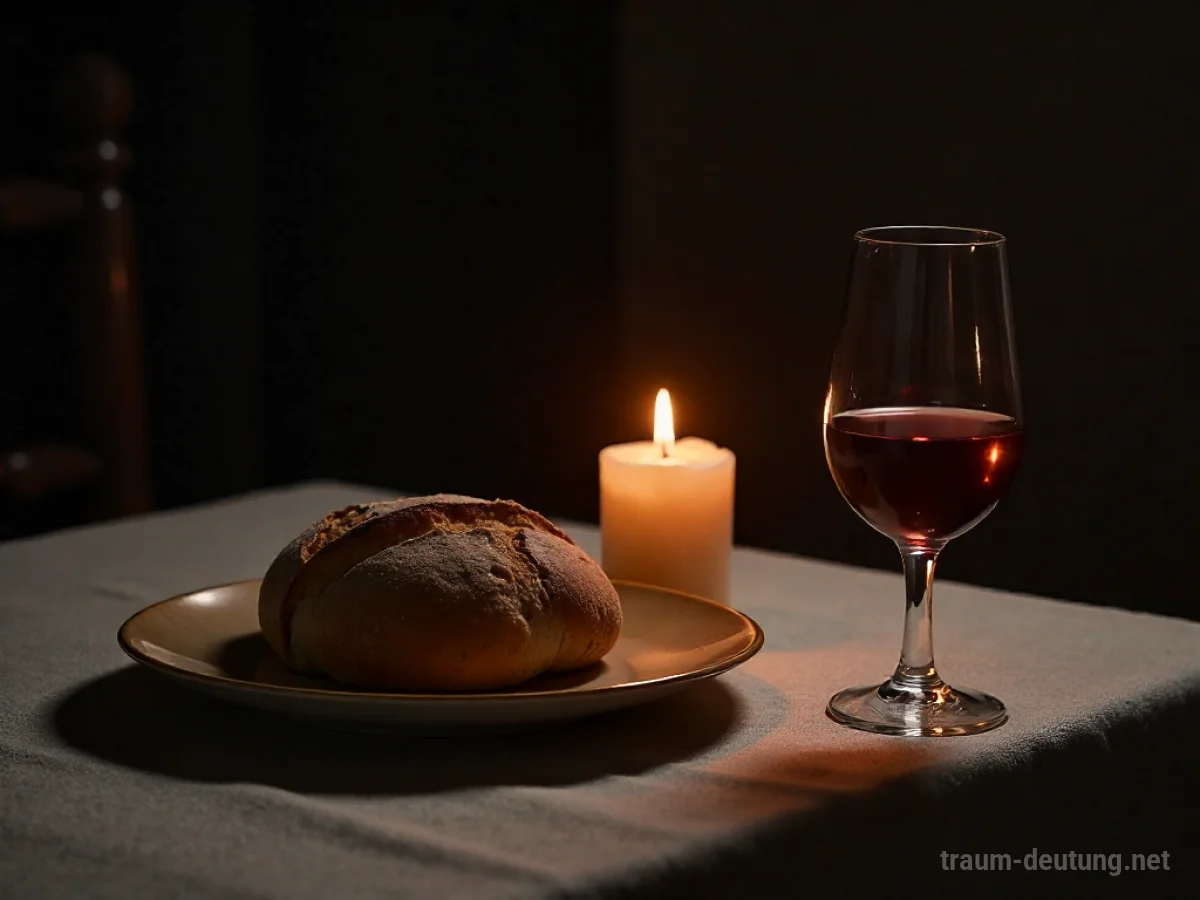 Ein gedeckter Tisch mit Brot und Wein im Kerzenlicht