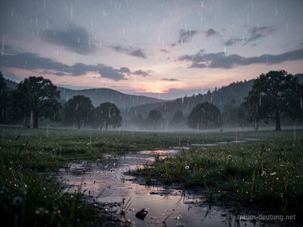 Sanfter Regen im Abendlicht über einer ruhigen Landschaft.