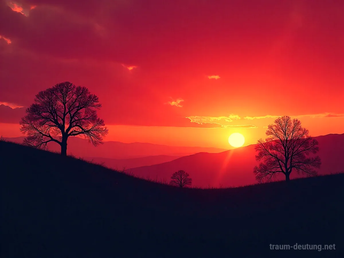 Landschaft in tiefroten und orangen Abendrot-Tönen unter einem dramatischen Himmel.