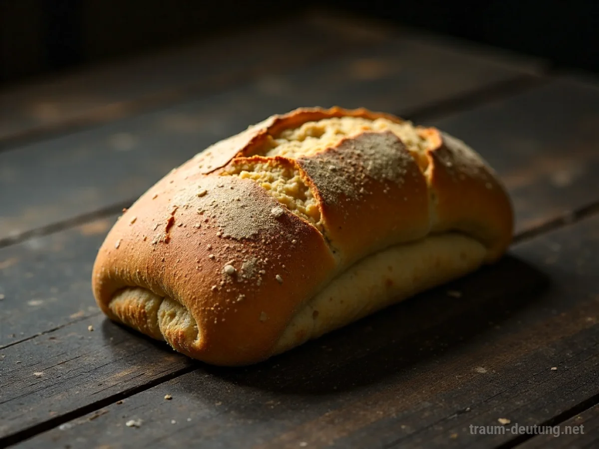 Ein abgelaufener Brotlaib mit Schimmel auf einem staubigen Holztisch.