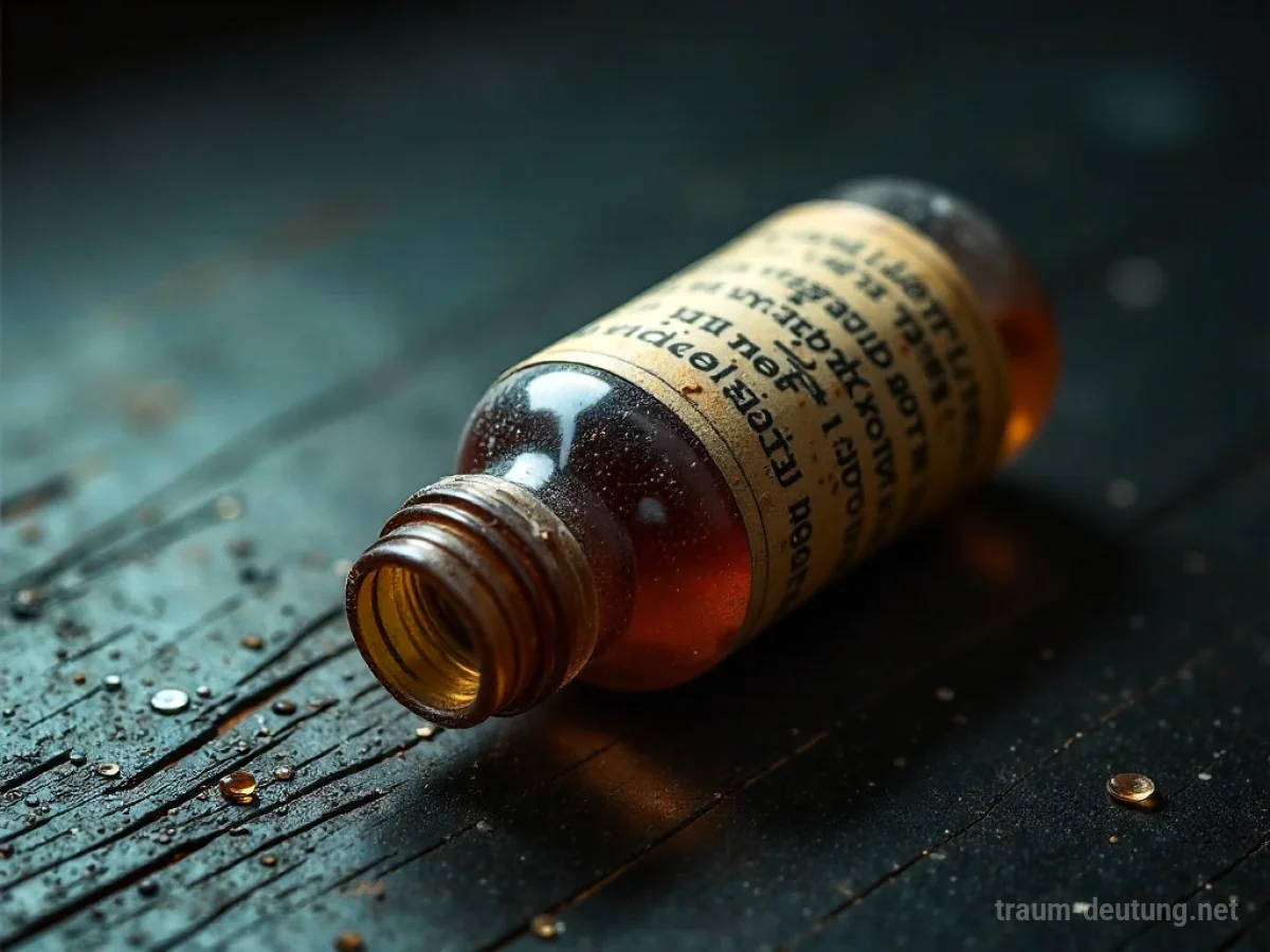Zerbrochene Flasche abgelaufener Arznei auf dunklem Holz