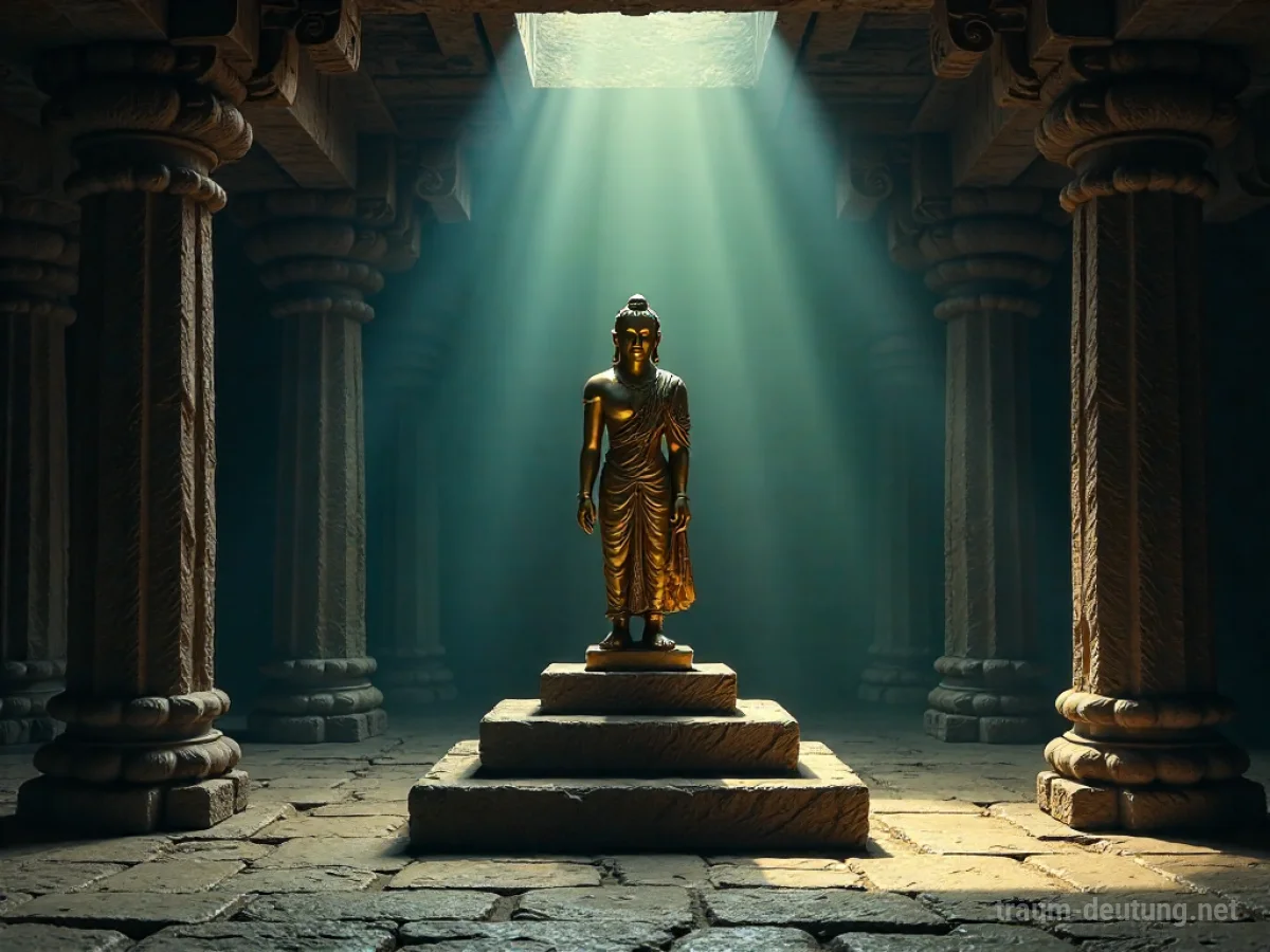 Goldener Abgott steht auf einem Sockel in einem dunklen Tempel.