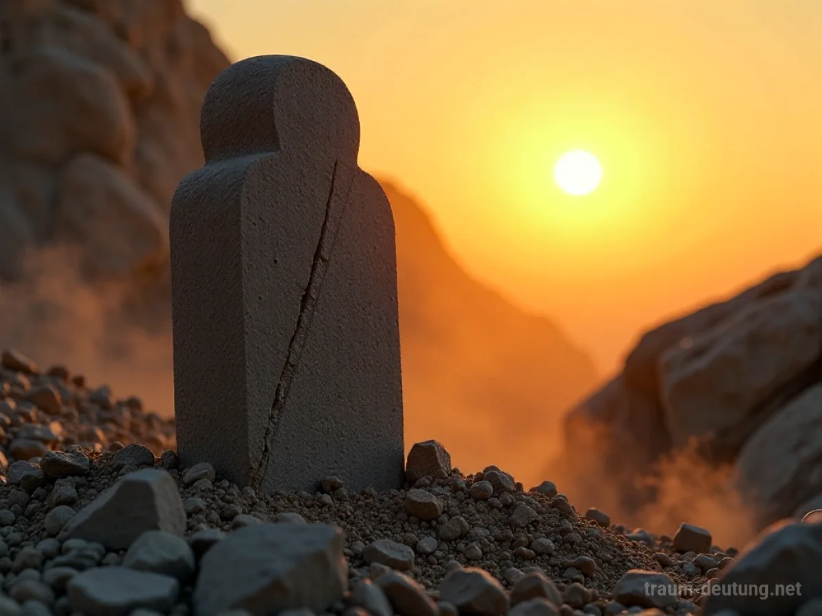 Zerfallender steinerner Abgott mit aufgehender Sonne im Hintergrund