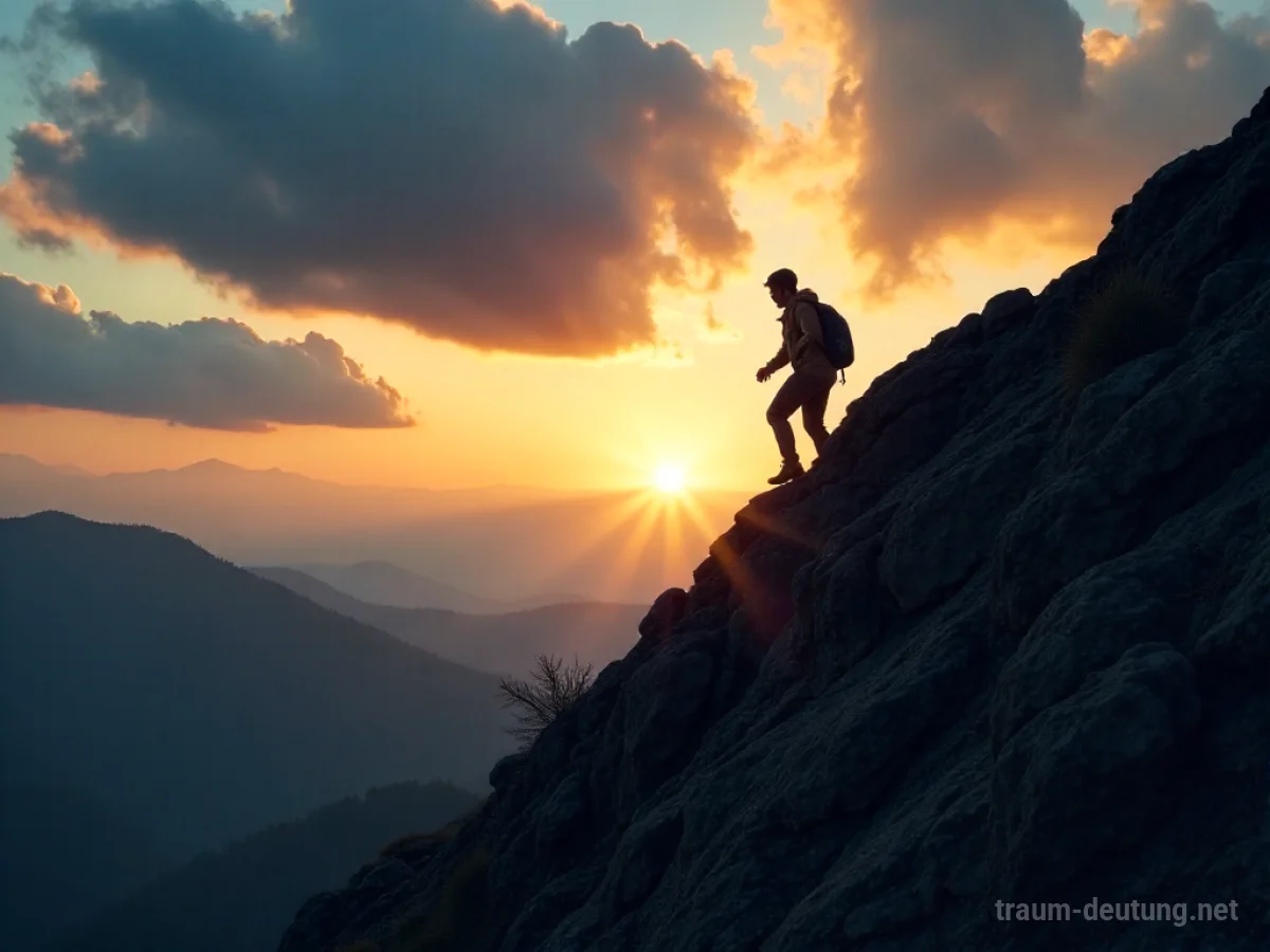 Silhouette einer Person klettert einen steilen Abhang hinauf unter einem dramatischen Himmel.