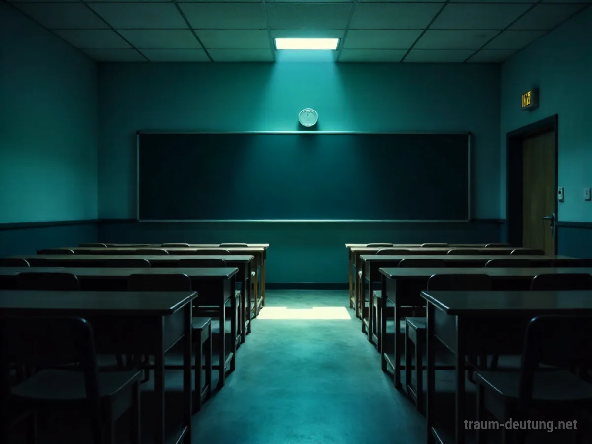 Leerer Abiturraum mit vielen Schreibtischen, ein Lichtstrahl fällt auf einen einzelnen Tisch.