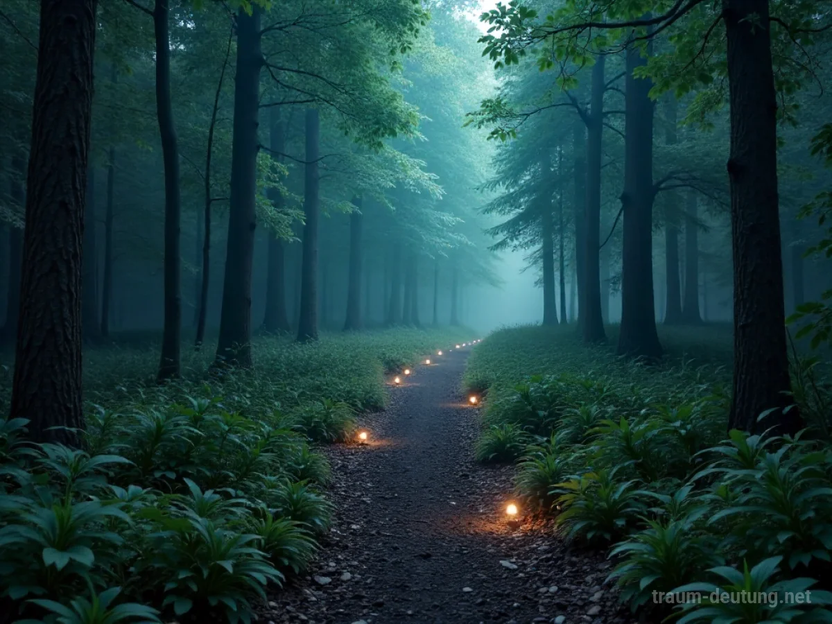 Gabelung im Wald, wo ein verschlungener Pfad auf eine gerade Abkürzung trifft.