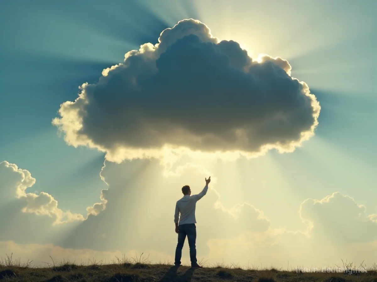 Person lässt dunkle Wolke los in hellen Himmel