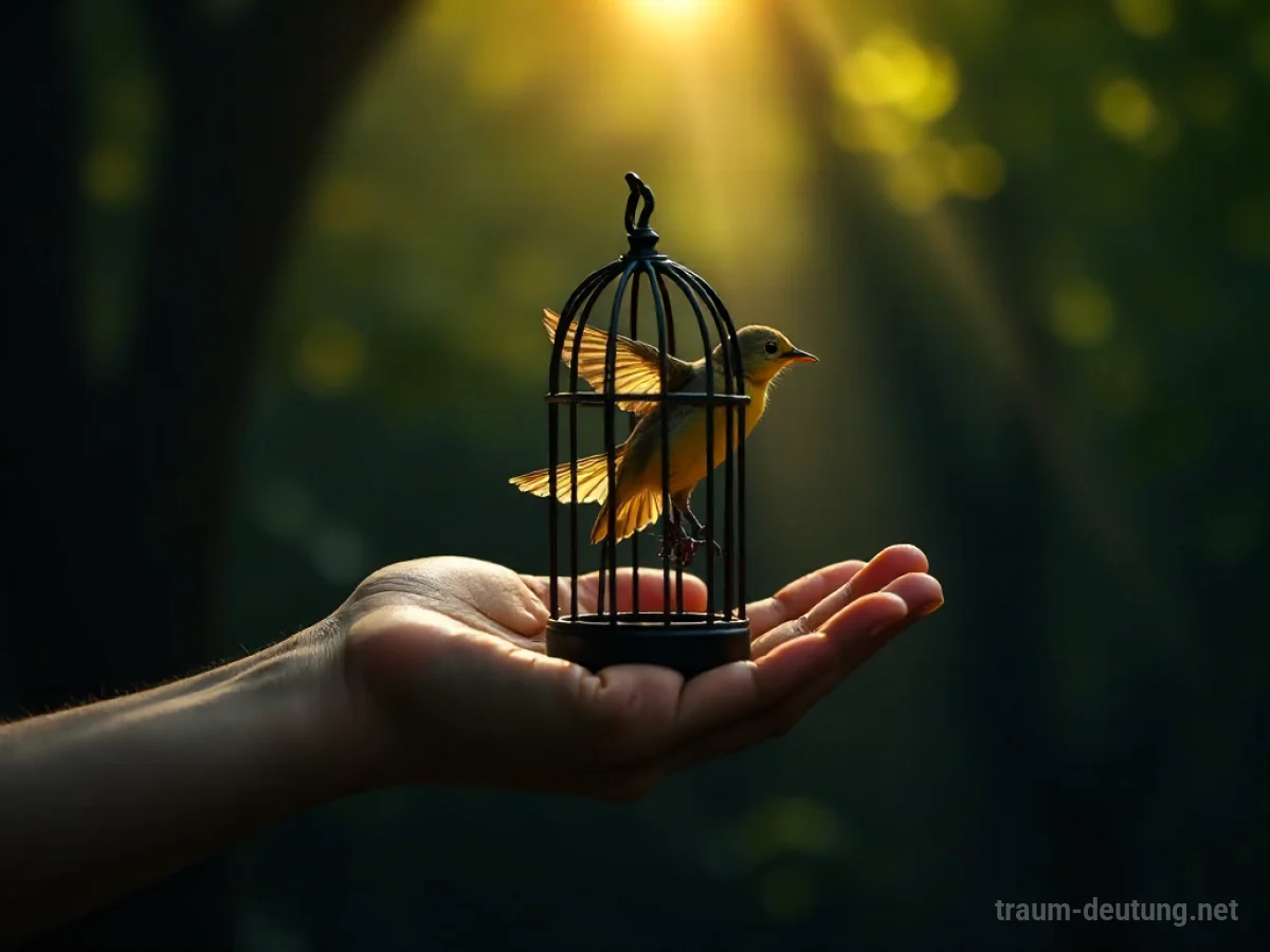 Hand öffnet Käfigtür, Vogel fliegt hinaus in den Himmel.