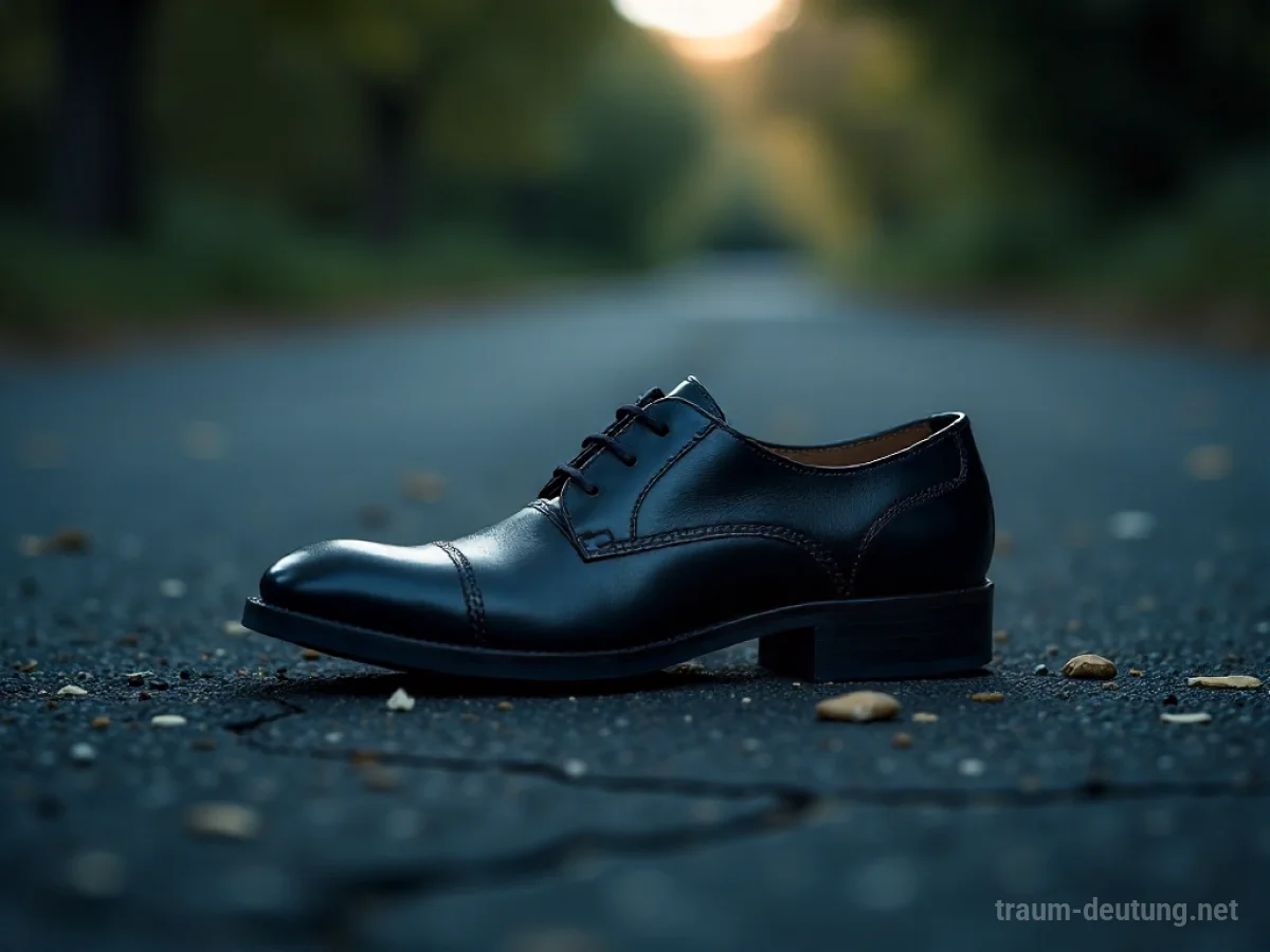 Ein Schuh mit abgebrochenem Absatz liegt auf dunklem, rissigem Boden.
