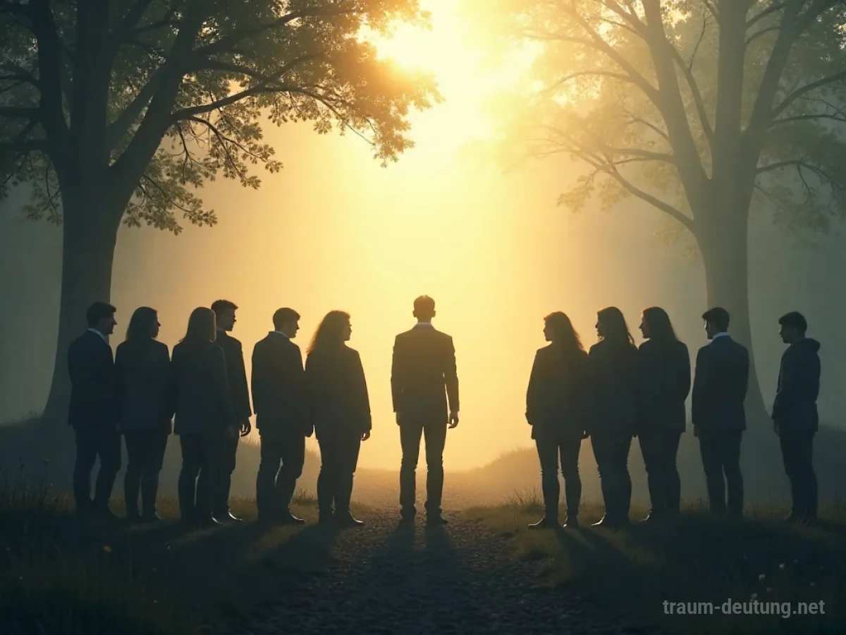 Silhouetten von Menschen bei einer Abschiedsfeier, die eine Person im Licht davongehen sehen.