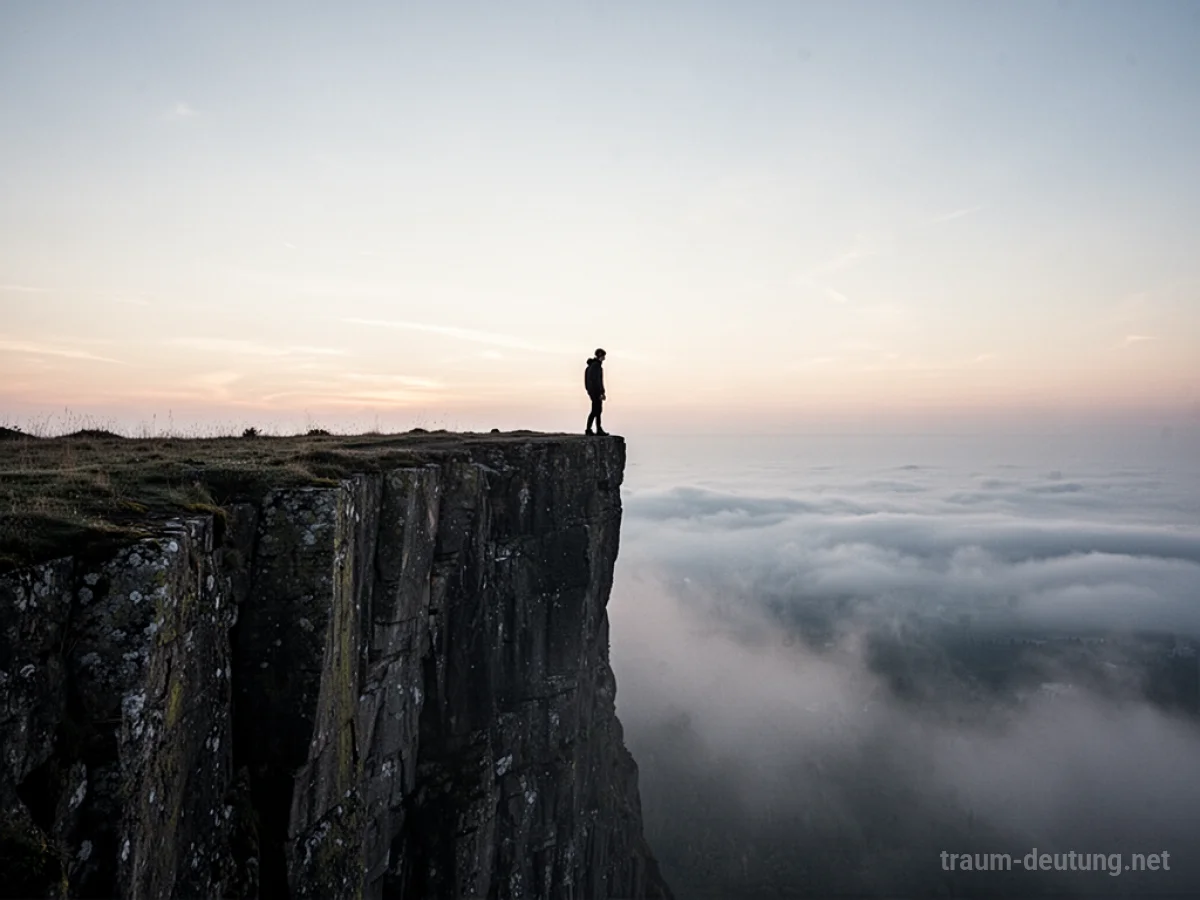 Silhouette einer Person am Rand einer Klippe mit Blick in den Nebel