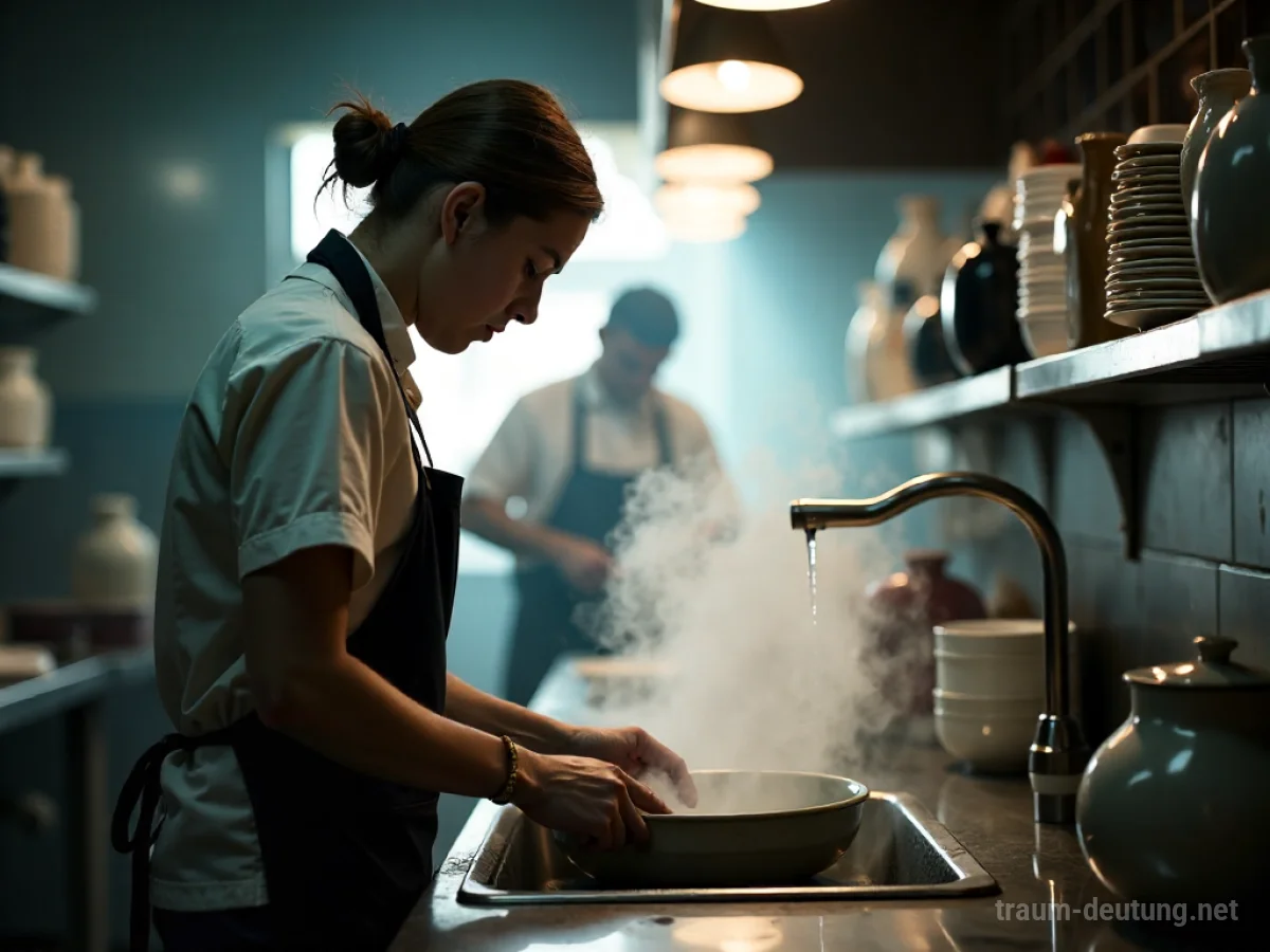 Person wäscht Teller im Spülbecken einer Restaurantküche