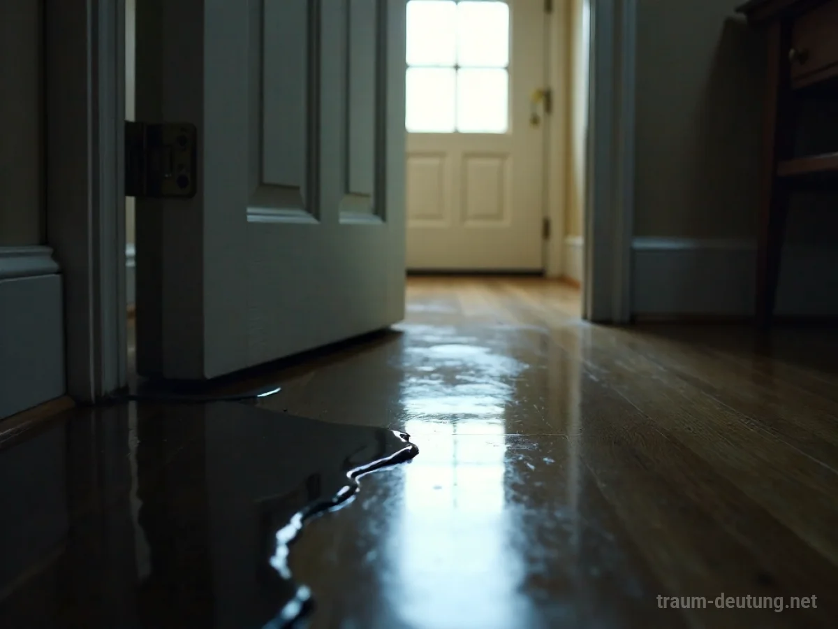Dunkles, schmutziges Wasser tritt unter einer Tür in einem Haus aus.