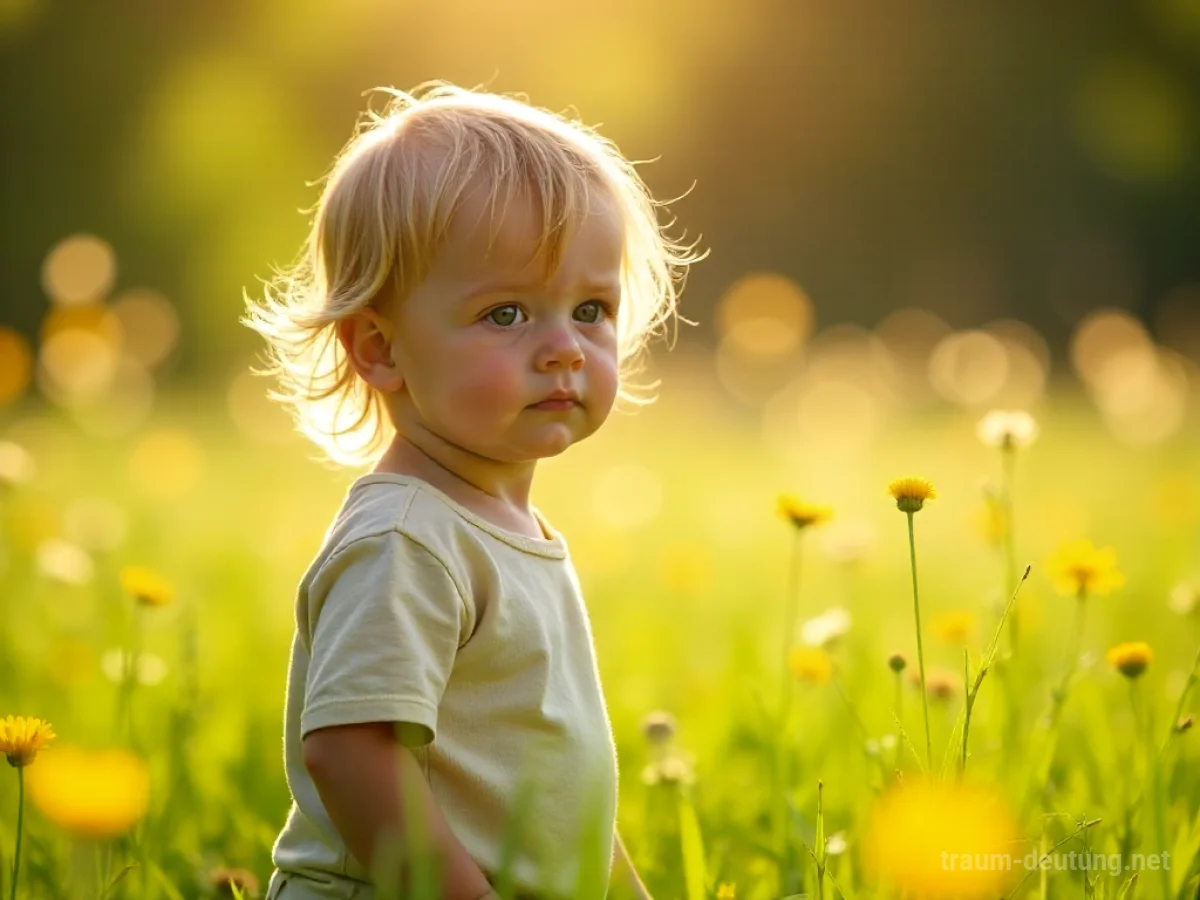 Ein kleines, unschuldiges Kind steht in einer sonnenbeschienenen Wiese.
