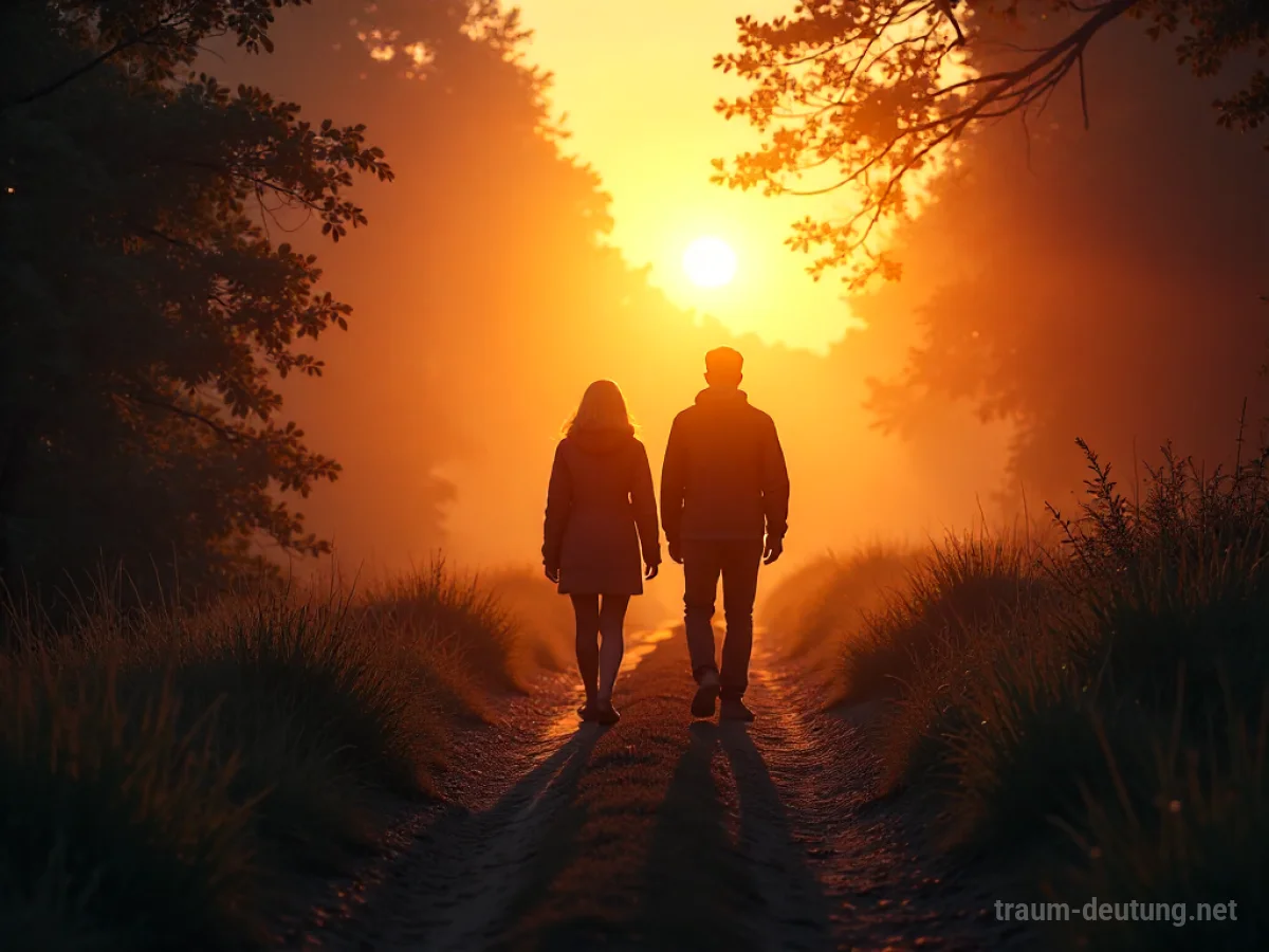 Zwei Silhouetten von Freunden gehen nebeneinander auf einem Weg in Richtung Morgensonne.