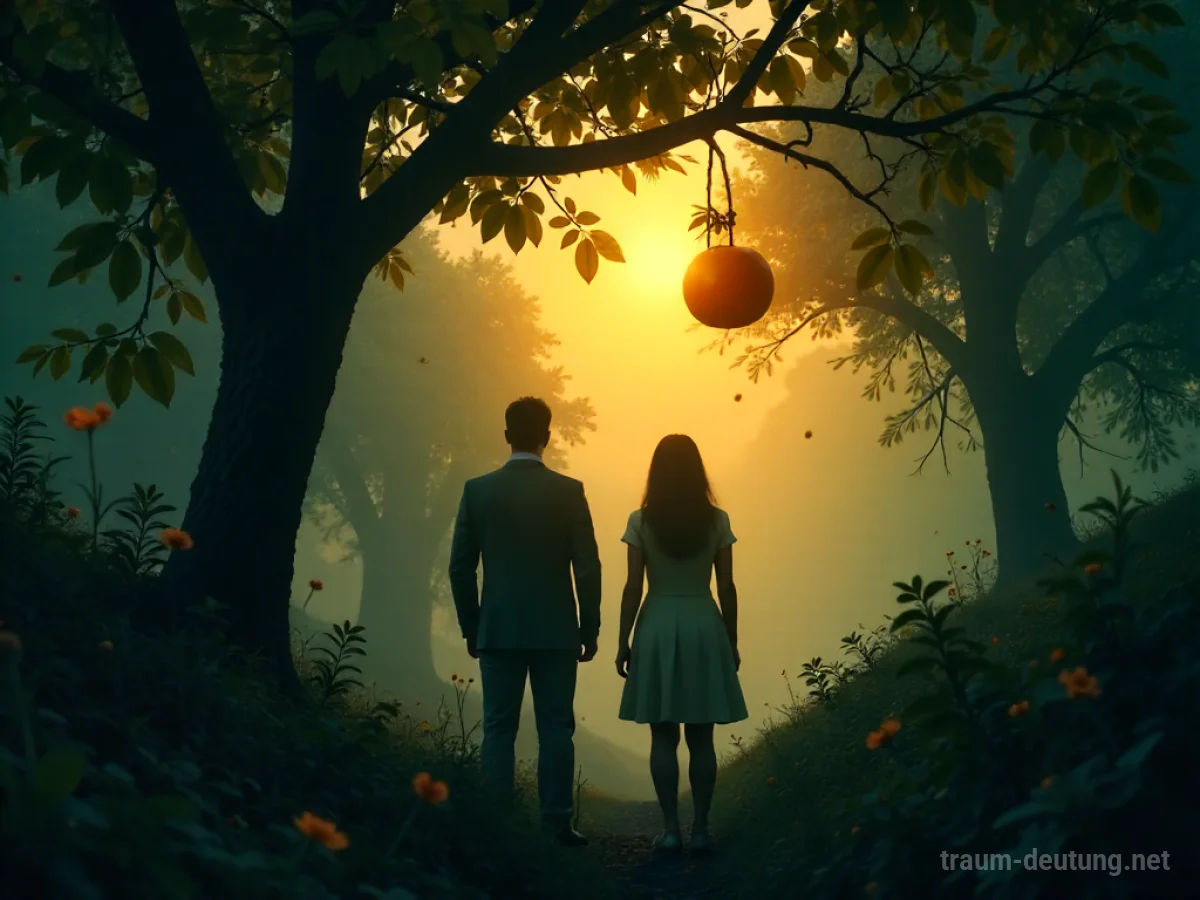 Silhouetten von Adam und Eva vor einem Garten mit einem leuchtenden Apfelbaum.