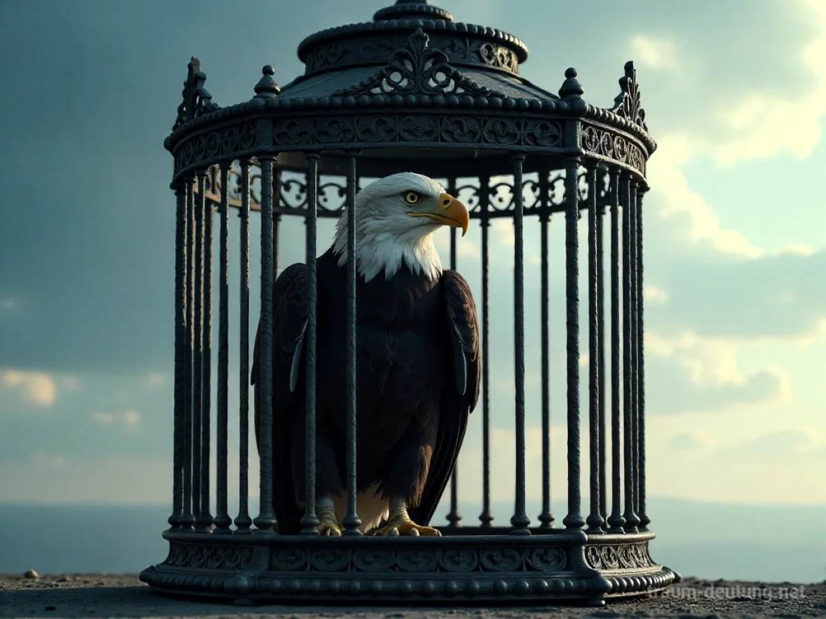 Ein majestätischer Adler sitzt gefangen in einem großen, dunklen Käfig und blickt sehnsüchtig nach draußen.