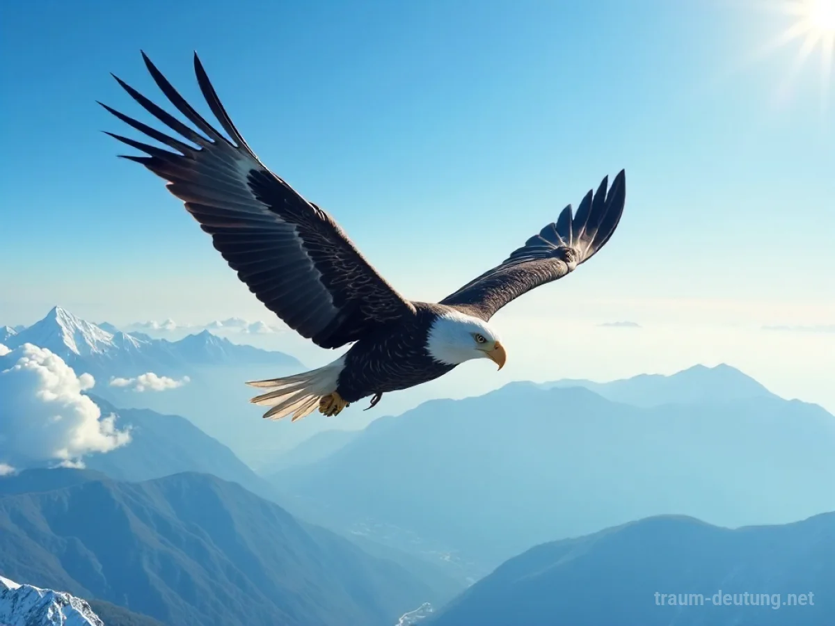 Ein majestätischer Adler fliegt hoch am blauen Himmel über einer Landschaft.