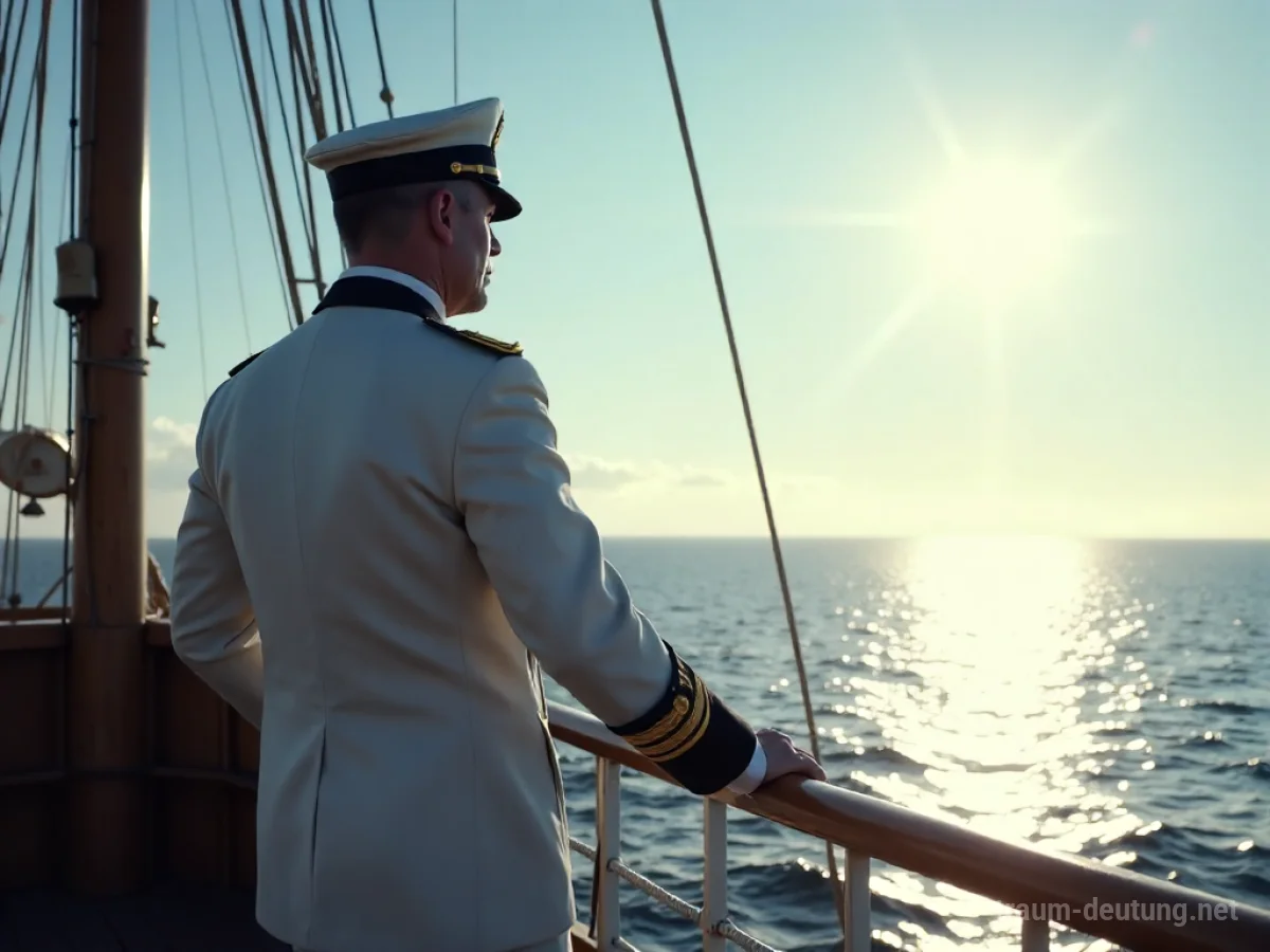 Admiral steht auf der Brücke eines Segelschiffs und blickt auf das Meer.