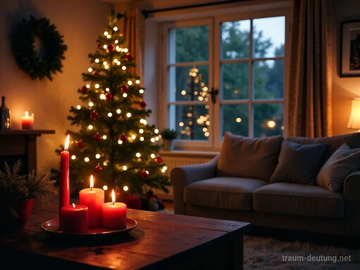 Gemütlich dekoriertes Wohnzimmer für den Advent mit Weihnachtsbaum im Hintergrund.