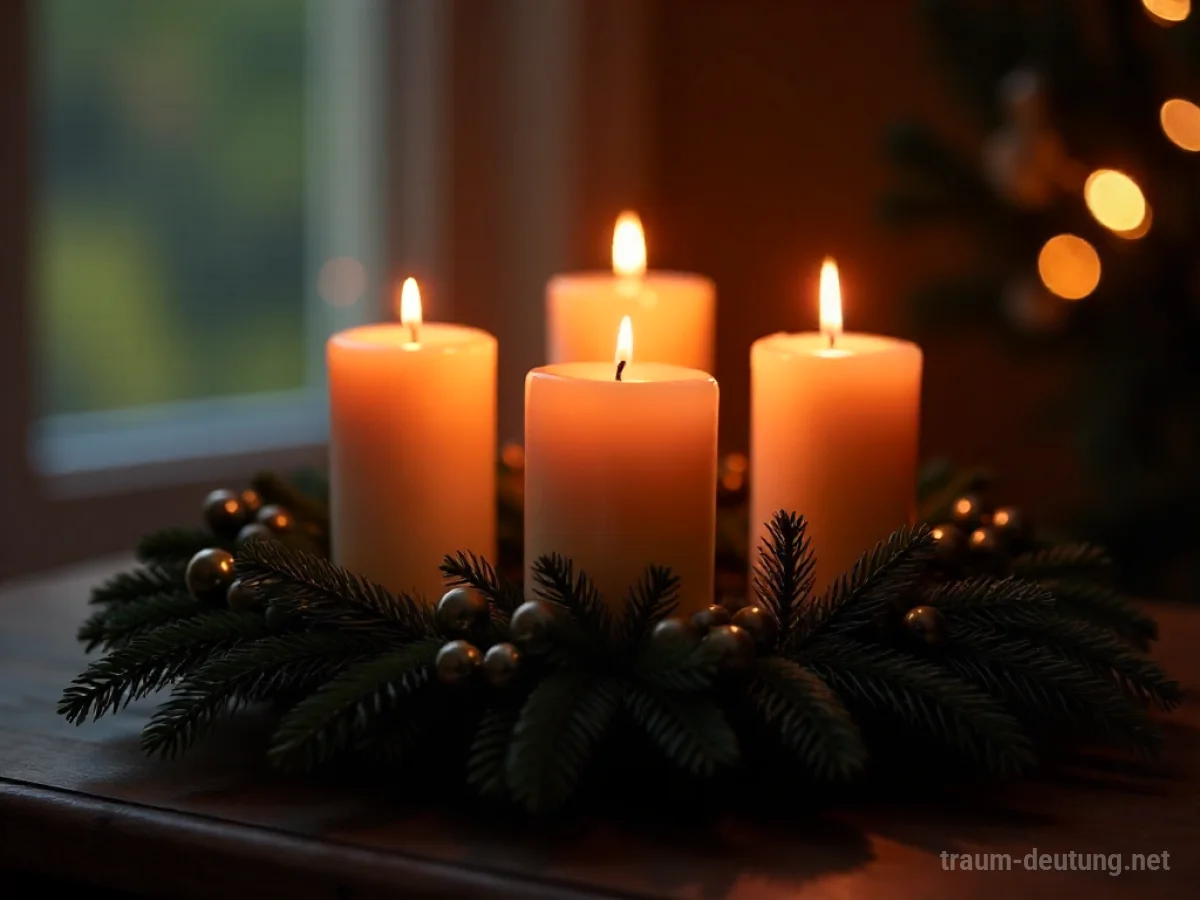 Ein Adventskranz mit vier Kerzen, von denen eine brennt, auf einem Tisch in einem warm beleuchteten Raum.
