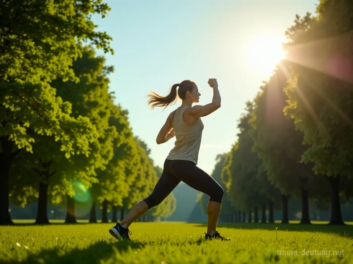 Eine Person macht Aerobic im Freien in einem sonnigen Park.