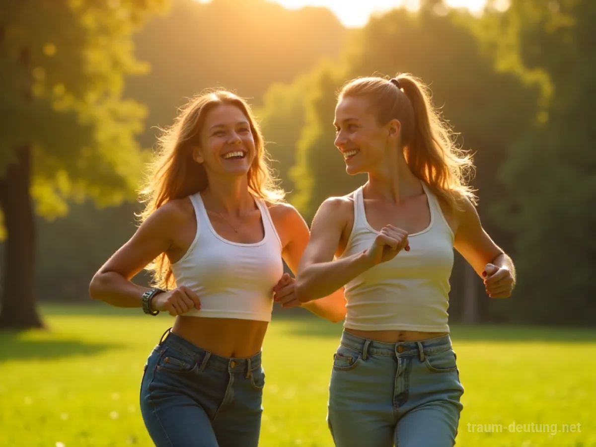 Zwei Freunde machen gemeinsam Aerobic im Park, lächelnd.