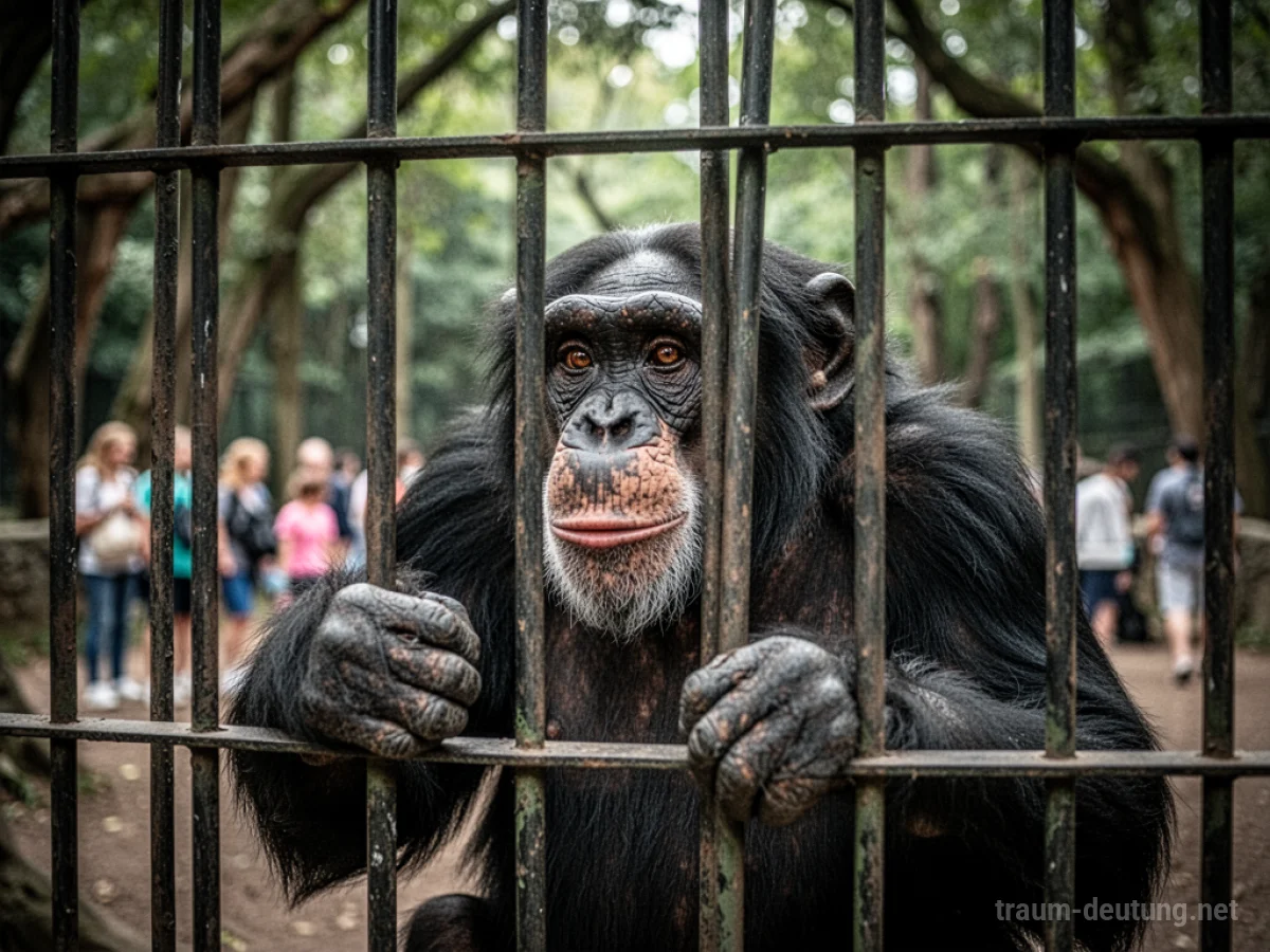 Affe sitzt in einem Käfig hinter Gittern und blickt nach draußen.