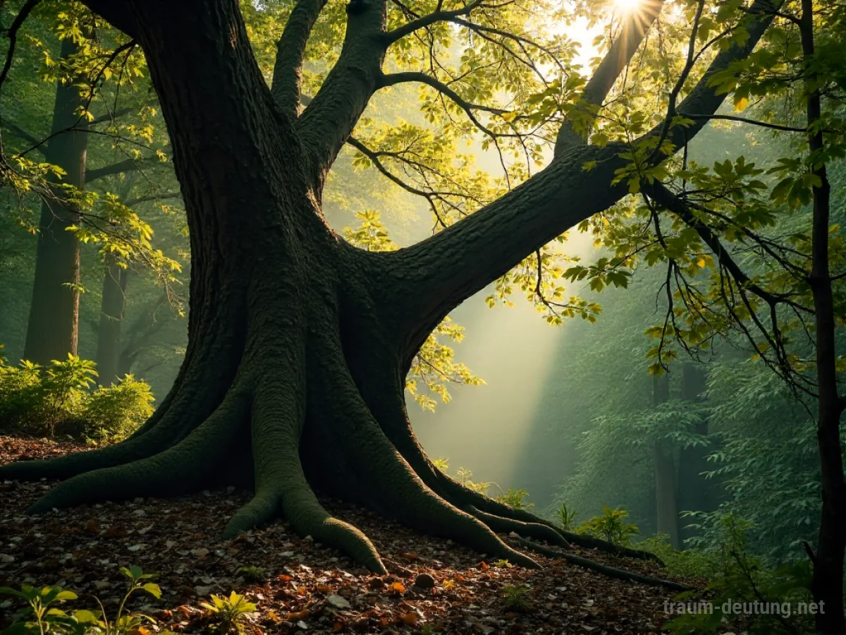 Ein großer Ahornbaum stürzt im Wald um, Wurzeln freigelegt.