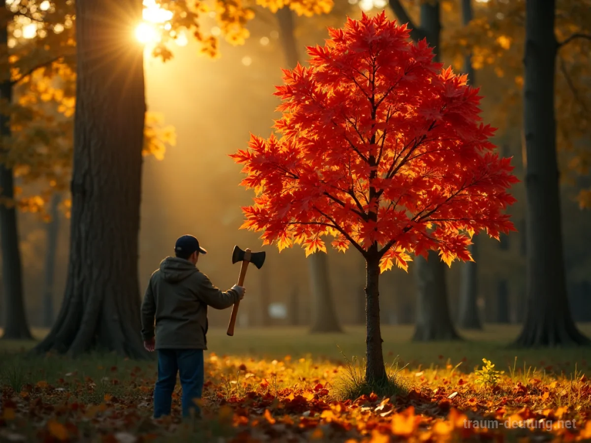Hand mit kleiner Axt vor einem großen Ahornbaum im Wald