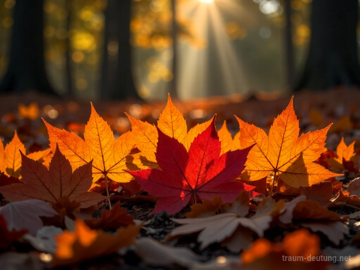 Bunte Herbst-Ahornblätter auf Waldboden im Sonnenlicht.