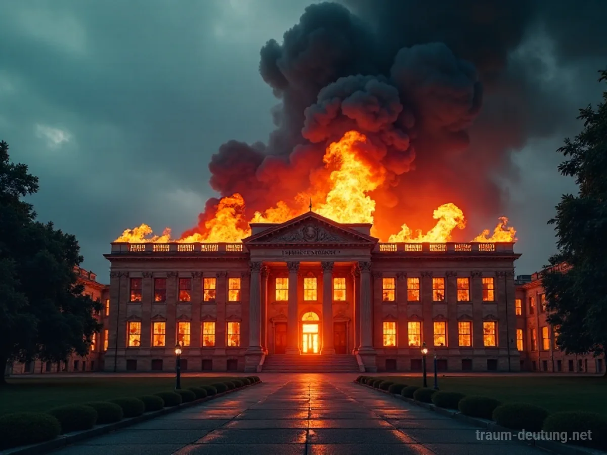 Akademiegebäude steht in Flammen unter einem dunklen Himmel