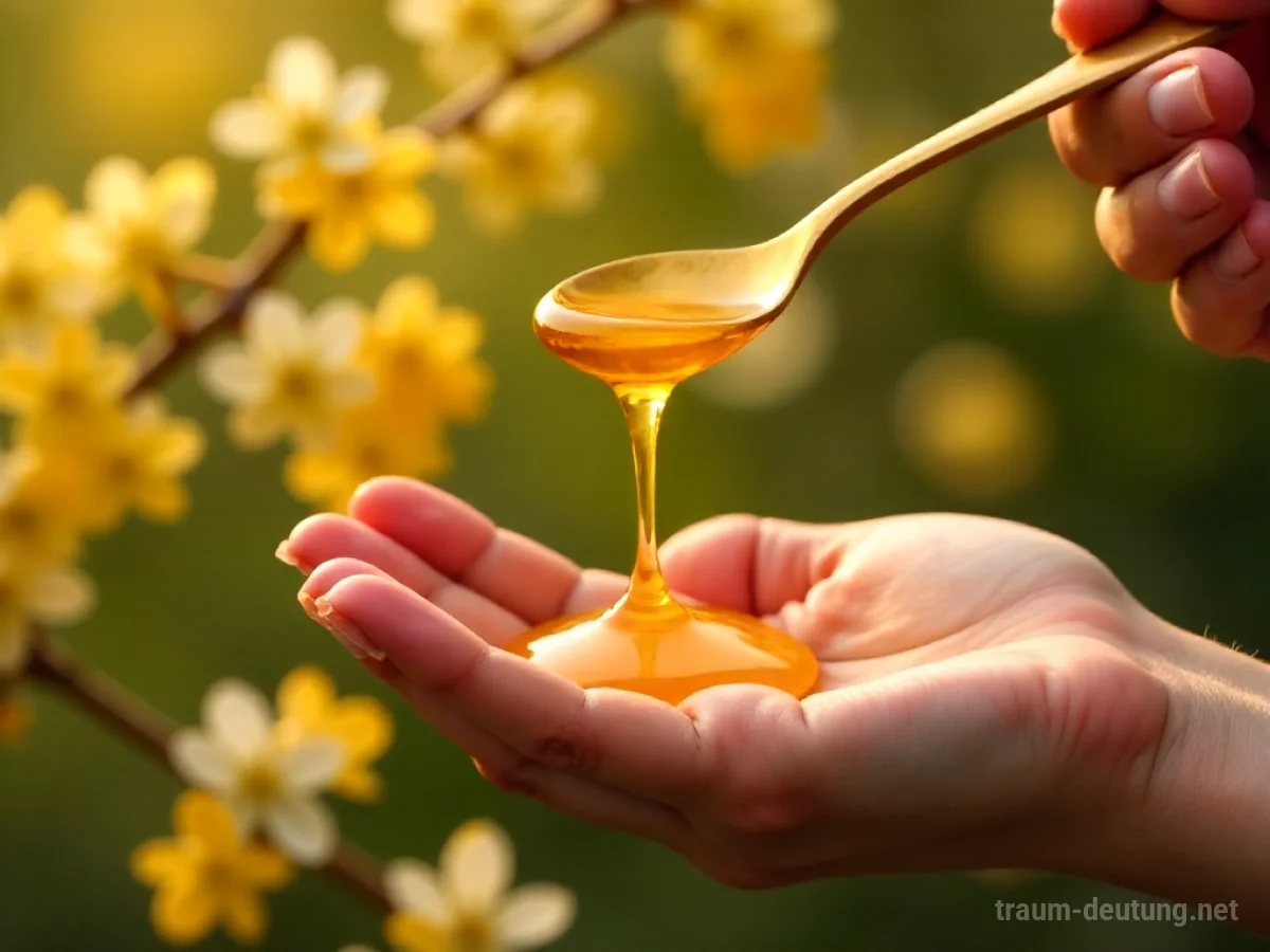 Goldener Honig tropft von einem Löffel, der über einem Glas Akazienhonig gehalten wird.