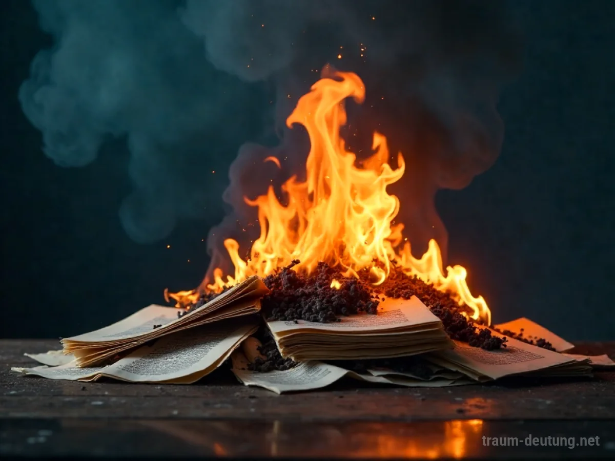 Akten verbrennen in Flammen über dunklem Hintergrund