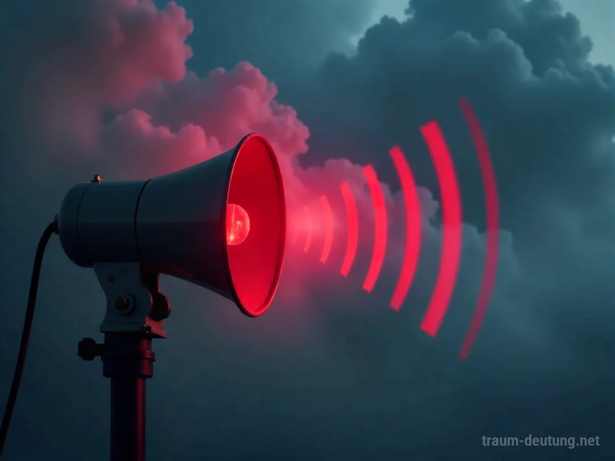 Ein stilisierten Alarm-Symbol, das Warnsignale aussendet, mit drohenden Wolken im Hintergrund.