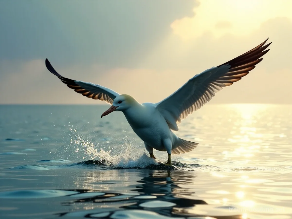 Ein großer Albatros landet sanft auf ruhigem Wasser.
