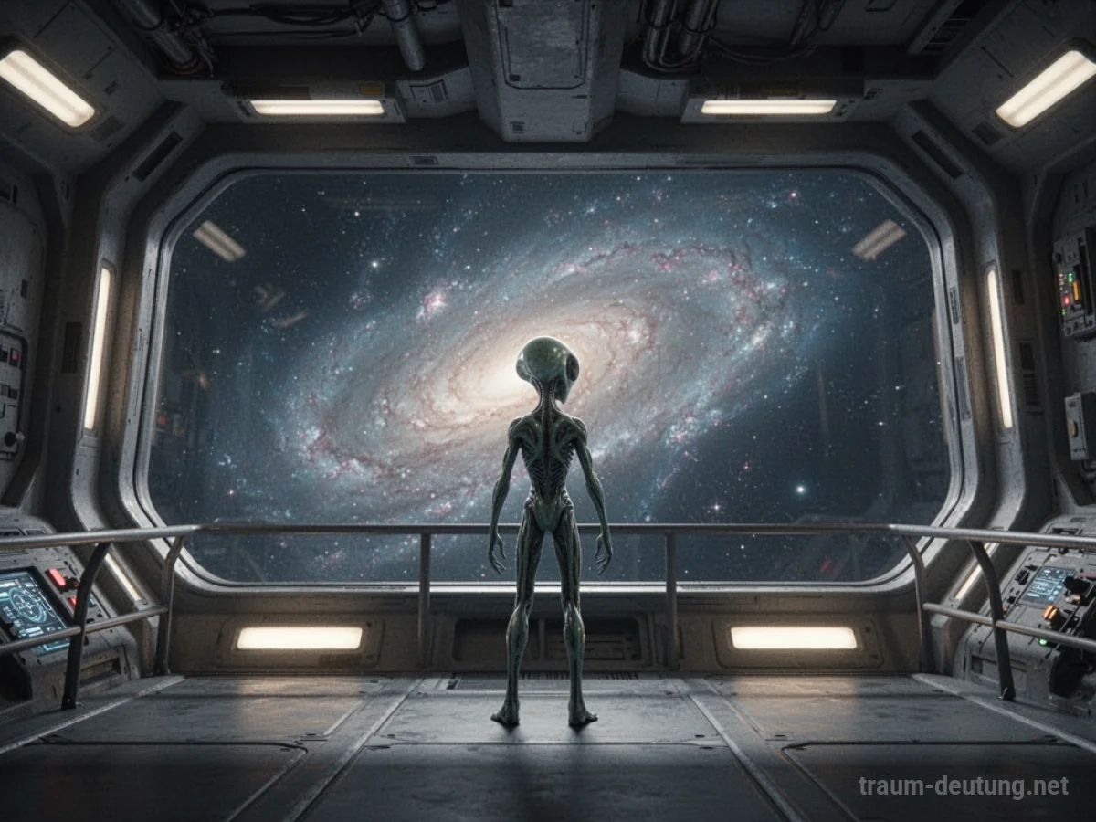 Alien steht auf dem Deck eines Raumschiffes und blickt aus einem Fenster in den Weltraum.