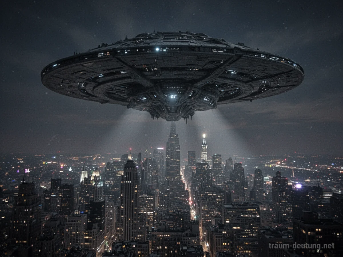 Ein riesiges Alien-Raumschiff schwebt bedrohlich über einer Stadt bei Nacht.