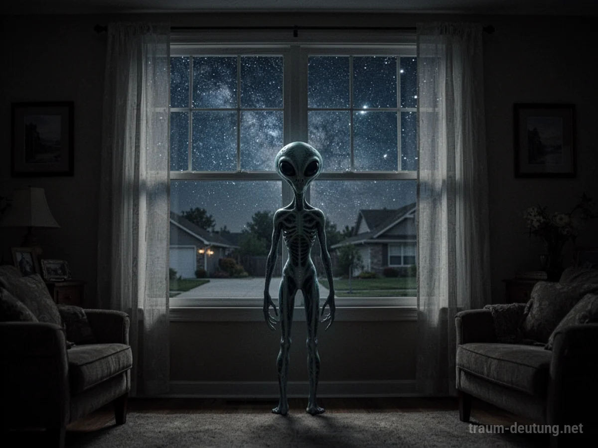 Alien-Figur steht in einem dunklen Haus und blickt aus dem Fenster