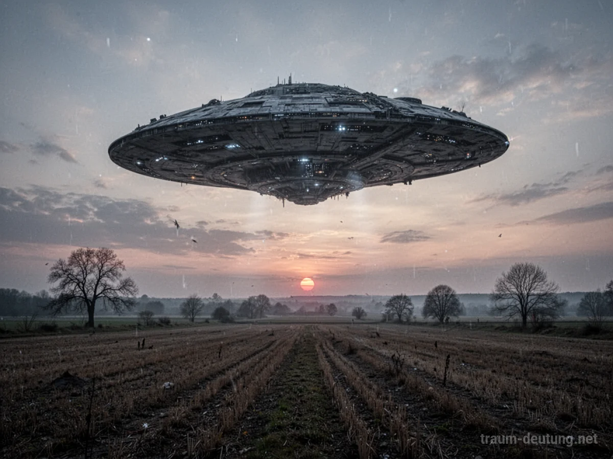 Ein Alien-Raumschiff schwebt über einem Feld im Abendhimmel.