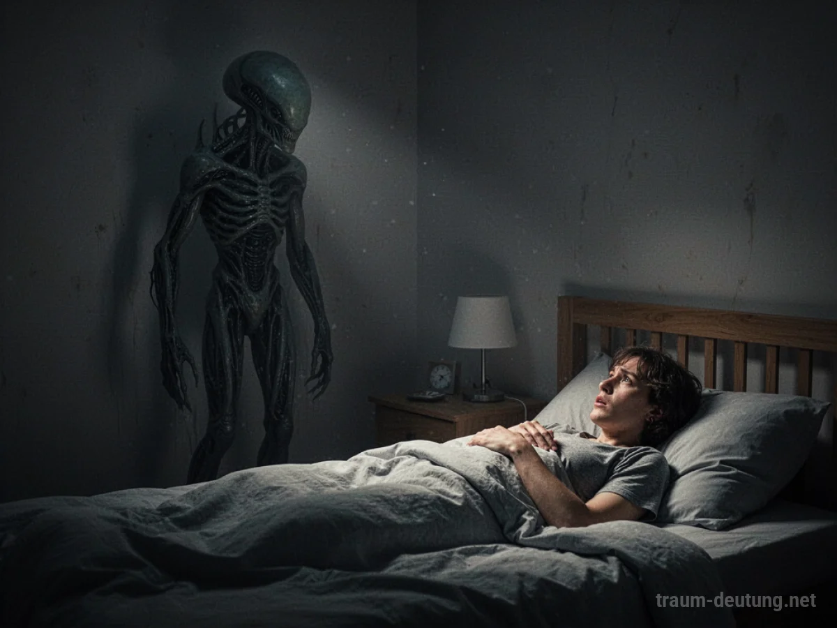 Schattengestalt eines Aliens im Schlafzimmer, eine Person blickt vom Bett aus besorgt.