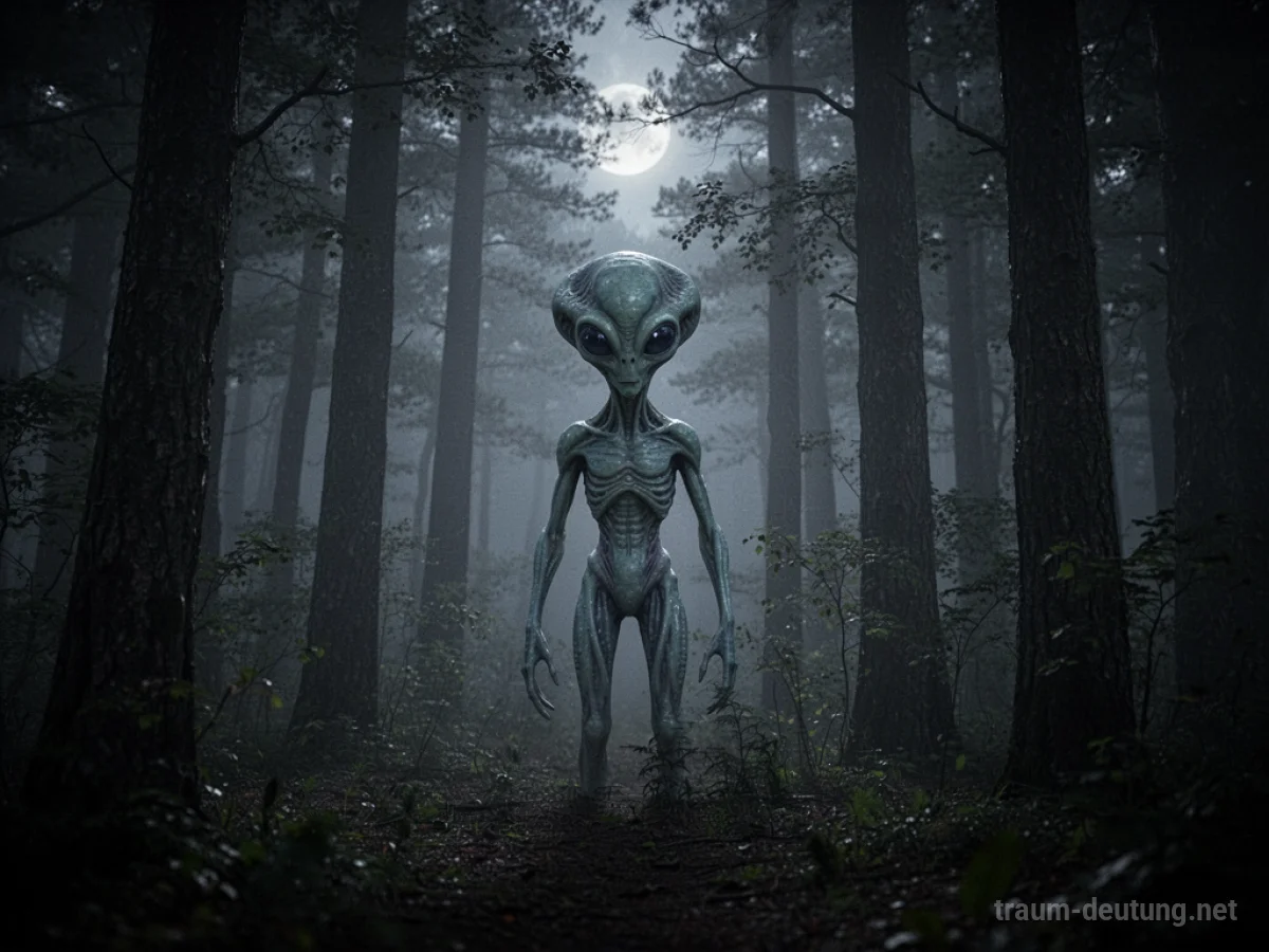 Alien steht zwischen Bäumen in einem nebligen Wald bei Nacht