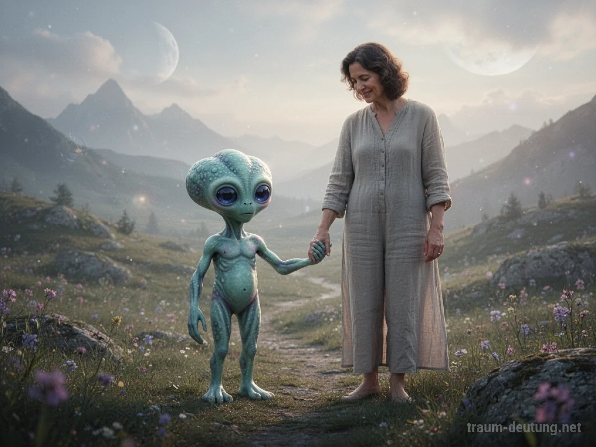 Ein sanftes Alien-Kind hält die Hand eines Elternteils in einer Traumlandschaft.