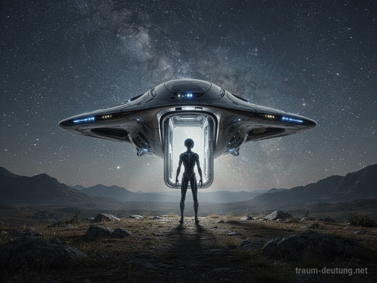 Ein Alien-Raumschiff landet nachts auf einem Feld unter einem Sternenhimmel.
