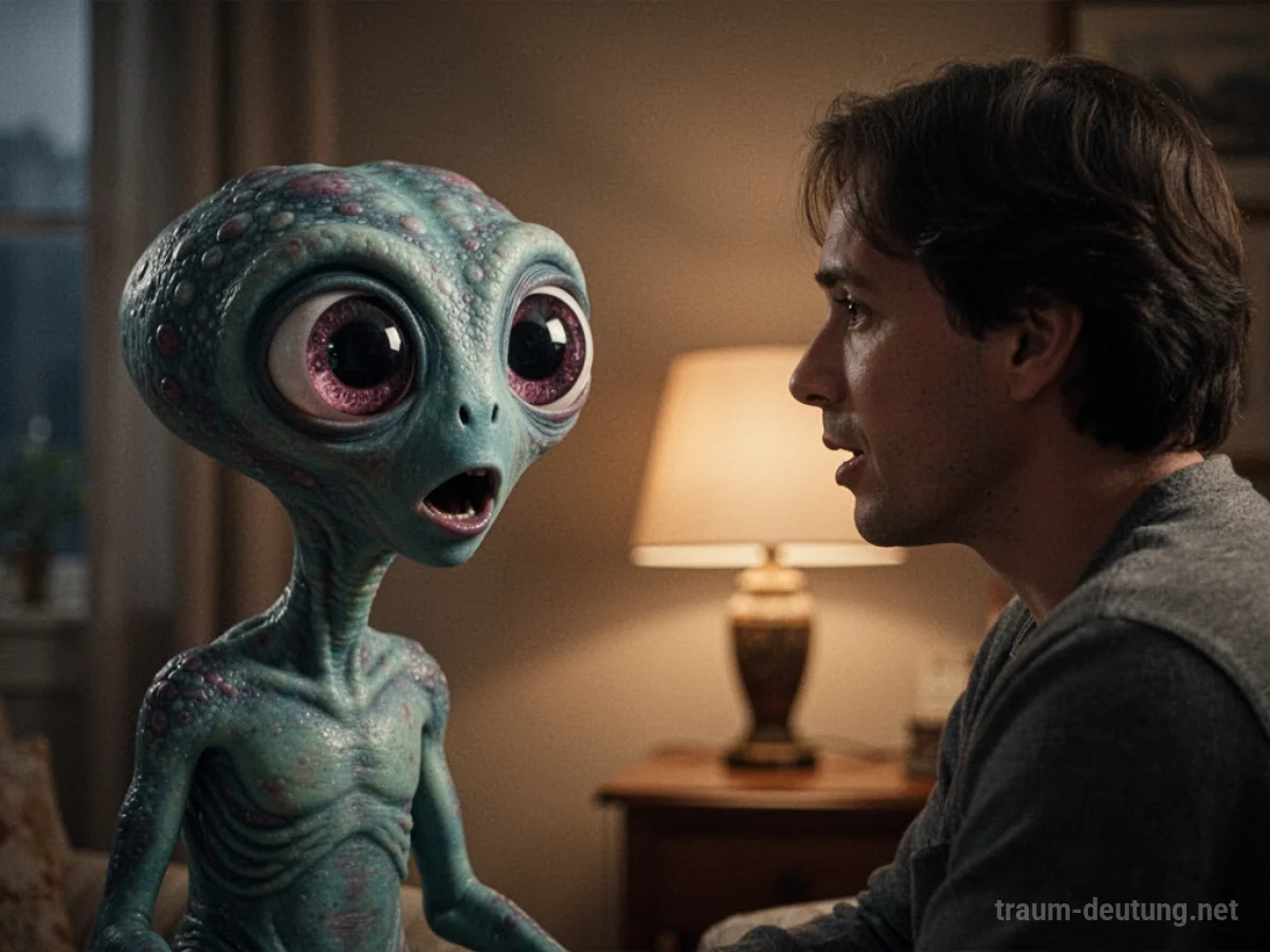 Alien und Mensch unterhalten sich in einem Raum